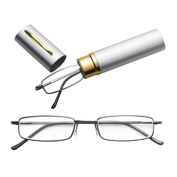 Reading Glasses Metal Spring Foot Portable Presbyopic Glasses with Tube Case, +2.50D, +3.00D, +3.50D
