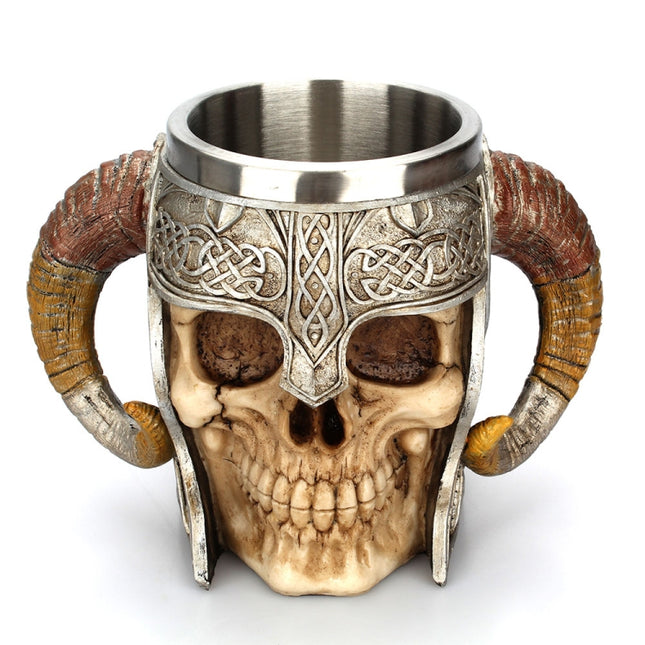 Stainless Steel Skull Mug Ram Horned Warrior Beer Coffee Mug Tea Cup Halloween Bar Drinkware Gift, 501-600ml