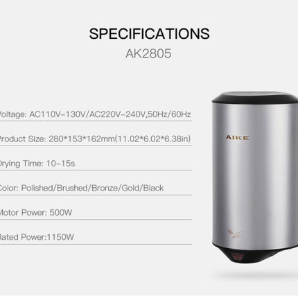 304 Stainless Steel Automatic SensorJet Hand Dryer High Speed Airflow for Home Hotel Airport Hands Drying Machine