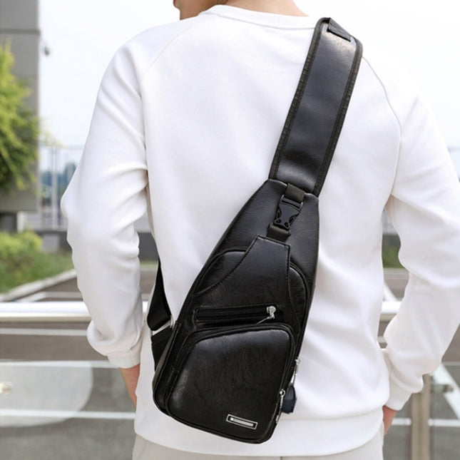 Waterproof Leisure PU Leather Single Shoulder Bag Men Chest Bag with USB Charging Port and Headphone Hole