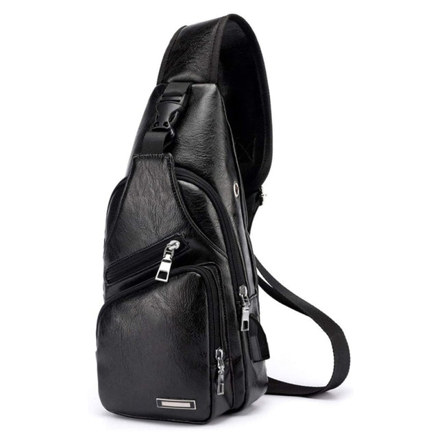 Waterproof Leisure PU Leather Single Shoulder Bag Men Chest Bag with USB Charging Port and Headphone Hole