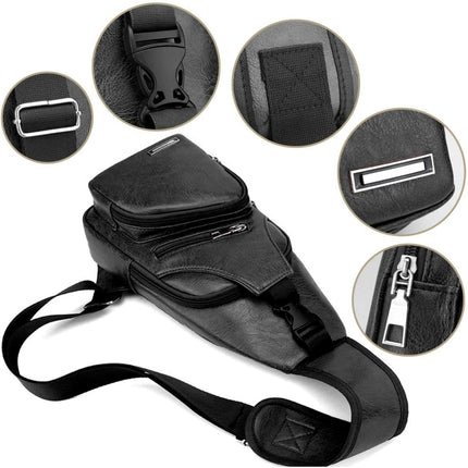 Waterproof Leisure PU Leather Single Shoulder Bag Men Chest Bag with USB Charging Port and Headphone Hole