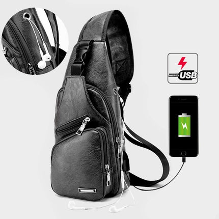 Waterproof Leisure PU Leather Single Shoulder Bag Men Chest Bag with USB Charging Port and Headphone Hole
