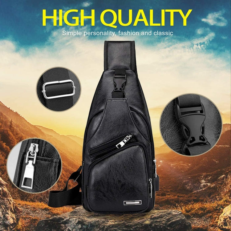 Waterproof Leisure PU Leather Single Shoulder Bag Men Chest Bag with USB Charging Port and Headphone Hole
