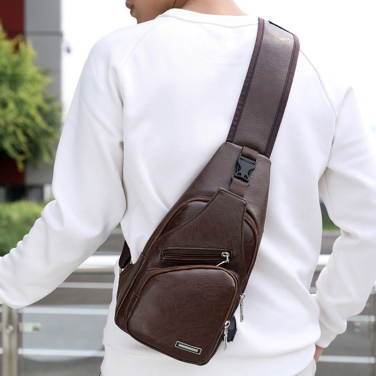 Waterproof Leisure PU Leather Single Shoulder Bag Men Chest Bag with USB Charging Port and Headphone Hole