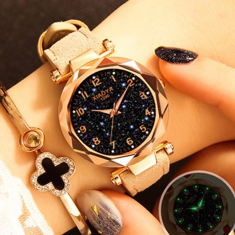 XIAOYA Fashion Women Star Sky Dial PU Leather Belt Quartz Wrist Watches
