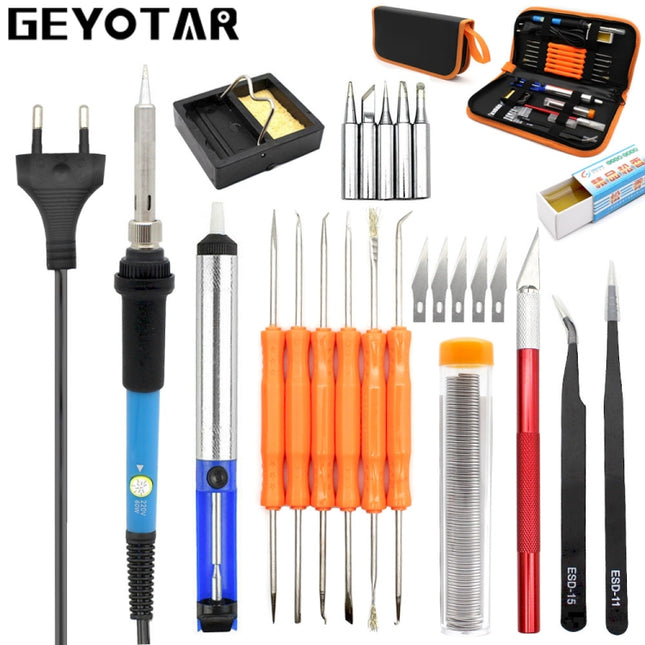 60W Adjustable Temperature Electric Soldering Iron Kit + 5 PCS Tips Portable Welding Repair Tool Tweezers Hobby knife, EU Plug, US Plug