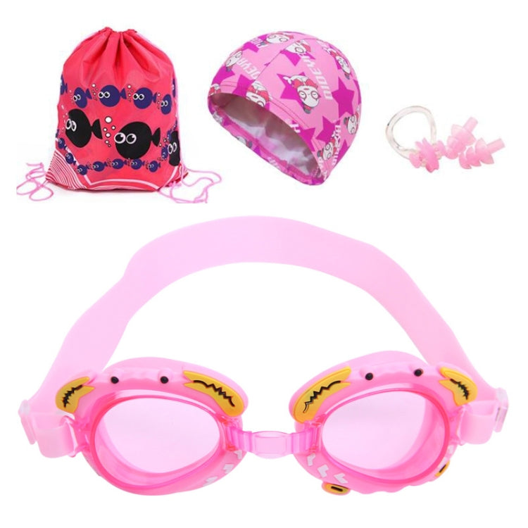 4 in 1 Cartoon Little Crab Waterproof and Anti-fog Silicone Swimming Goggles + Printed Pattern Swimming Cap + Nose Clip Earplugs + Storage Bag Swimming Equipment Set for Children, 4 in 1 Swimming Set (Blue Crab), 4 in 1 Swimming Set (Pink Crab)��������...