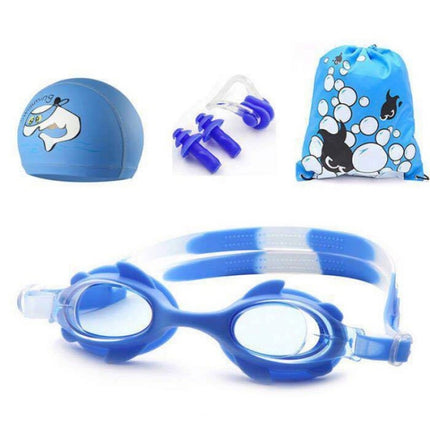4 in 1 Cartoon Little Crab Waterproof and Anti-fog Silicone Swimming Goggles + Printed Pattern Swimming Cap + Nose Clip Earplugs + Storage Bag Swimming Equipment Set for Children, 4 in 1 Swimming Set (Blue Crab), 4 in 1 Swimming Set (Pink Crab)��������...