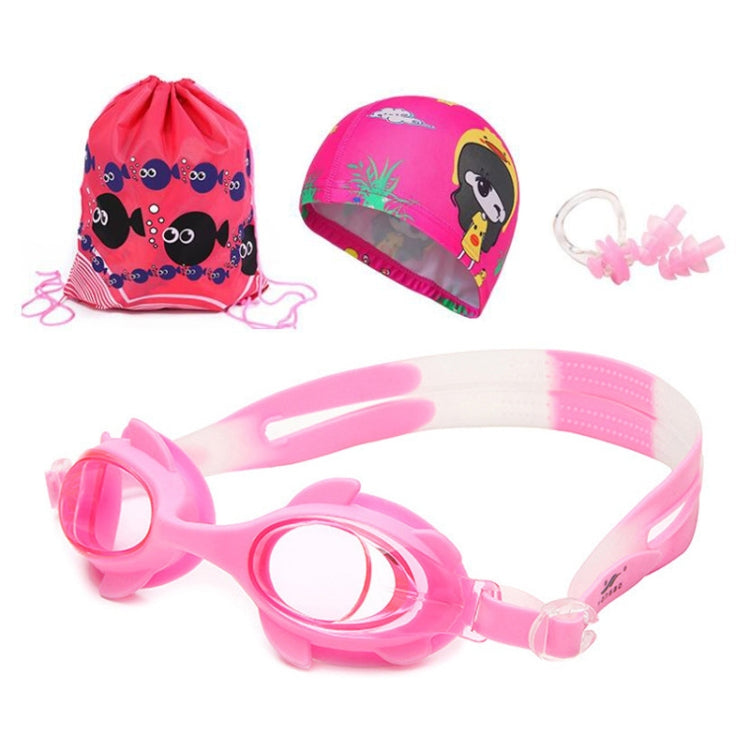 4 in 1 Cartoon Little Crab Waterproof and Anti-fog Silicone Swimming Goggles + Printed Pattern Swimming Cap + Nose Clip Earplugs + Storage Bag Swimming Equipment Set for Children, 4 in 1 Swimming Set (Blue Crab), 4 in 1 Swimming Set (Pink Crab)��������...