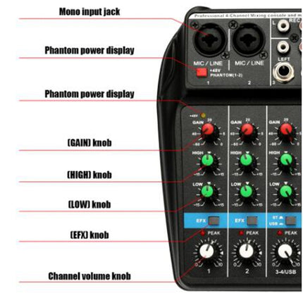 TU04 BT Sound Mixing Console Record 48V Phantom Power Monitor AUX Paths Plus Effects 4 Channels Audio Mixer with USB