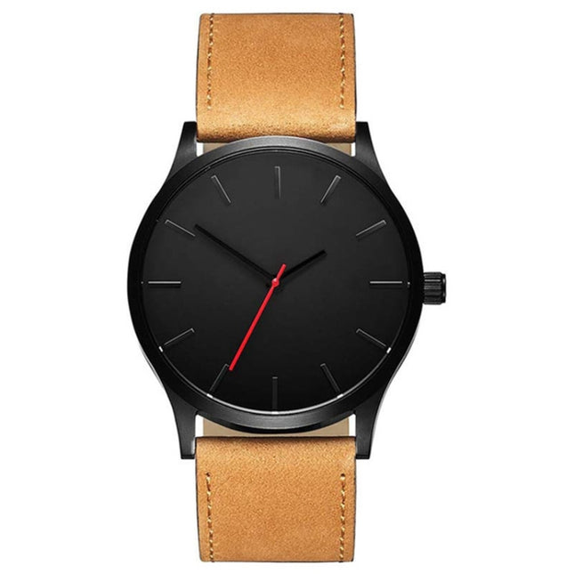 Men Simple Matte Leather Belt Quartz Watch, Brown, White Dial Brown Belt, Black + White, Black