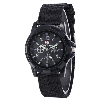 055 Men Canvas Strap Luminous Watch, Black belt black face, Blue dial, Green
