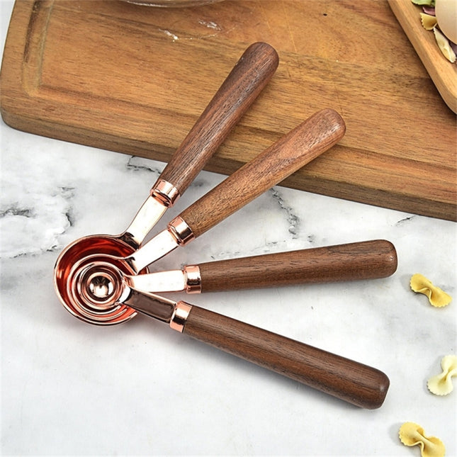 Walnut Handle Copper-Plated Kitchen Baking Tools Bartender Scale Measuring Set, 4 PCS / Set Measuring Spoon, 4 PCS / Set Measuring Cup