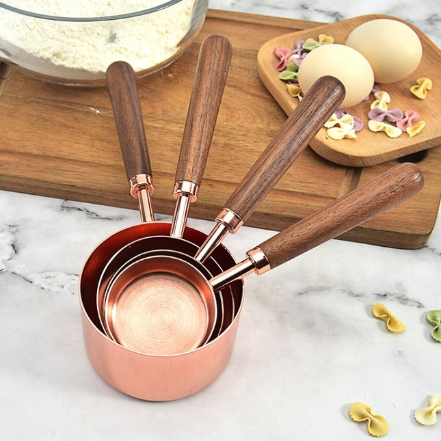 Walnut Handle Copper-Plated Kitchen Baking Tools Bartender Scale Measuring Set, 4 PCS / Set Measuring Spoon, 4 PCS / Set Measuring Cup
