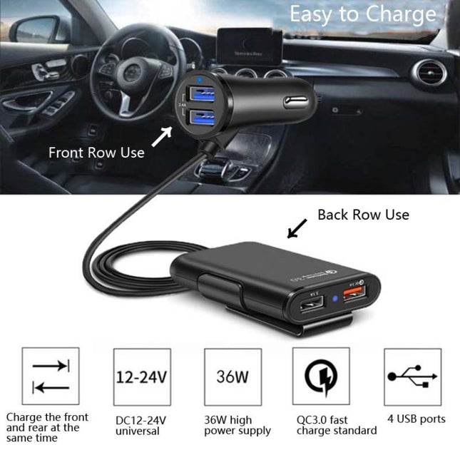 One For Four 8A Car Charger QC3.0 Fast Charge 4USB Car Front And Rear Seat Car Charger