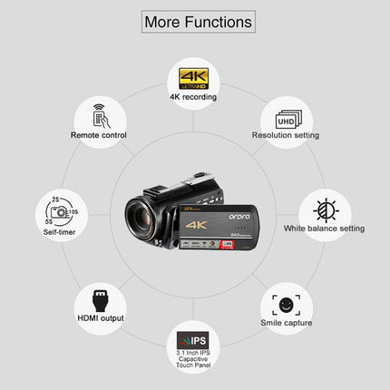 Cámara de vídeo digital ORDRO AC5 4K HD con visión nocturna, WiFi, zoom óptico de 12X, videocámara DV, estándar, estándar + micrófono, estándar + micrófono + soporte de mano, estándar + micrófono + luz de relleno