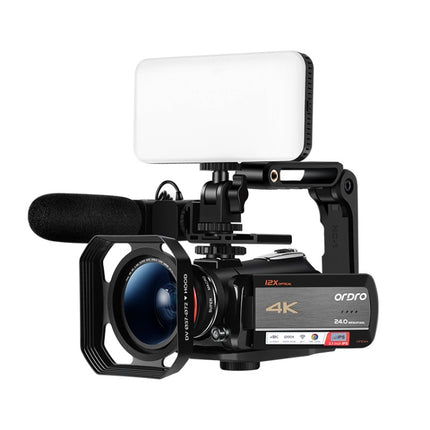 Cámara de vídeo digital ORDRO AC5 4K HD con visión nocturna, WiFi, zoom óptico de 12X, videocámara DV, estándar, estándar + micrófono, estándar + micrófono + soporte de mano, estándar + micrófono + luz de relleno