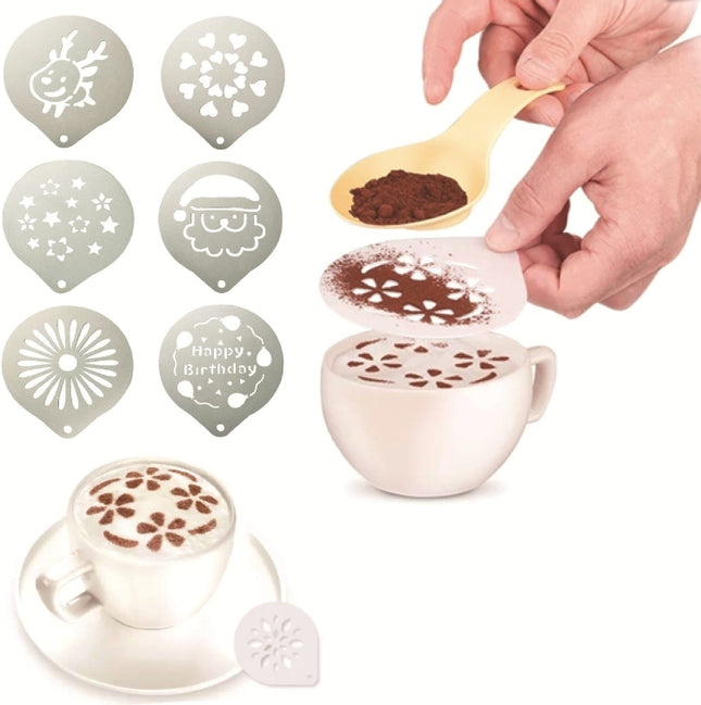6 PCS Stainless Steel Garland Mold Fancy Coffee Printing Model Coffee Milk Foam Spray Pattern Template Random Style Delivery, 6 PCS
