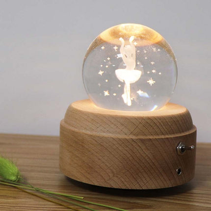 Girl Bedside Lamp Crystal Ball Wooden Base Music Box Charging Glow Rotating Night Light, Random Music