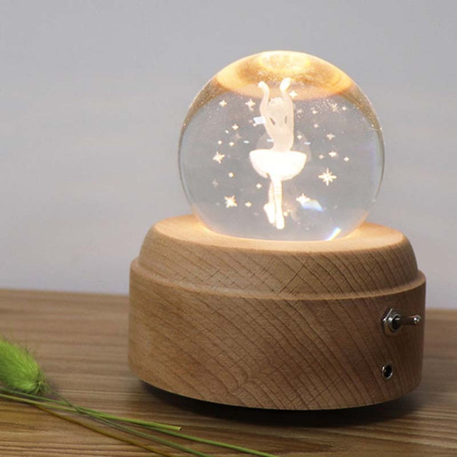 Girl Bedside Lamp Crystal Ball Wooden Base Music Box Charging Glow Rotating Night Light, Random Music