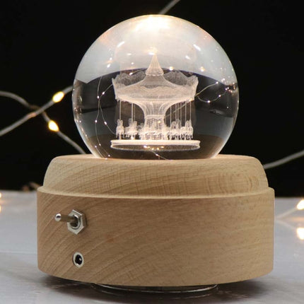 Girl Bedside Lamp Crystal Ball Wooden Base Music Box Charging Glow Rotating Night Light, Random Music