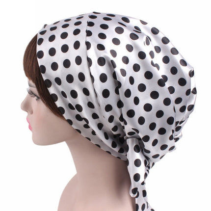 TJM-226 Ladies Satin Print Ribbon Bow Turban Hat Night Cap Silk Chemotherapy Hat Long Tail Braid Hat, Purple, Black, Pink, Royal Blue, Leopard, Big Black Flower, Rose Red Flower, Big Beige Flower, White Black Spots, Red Wine, Khaki, Light Purple       ...
