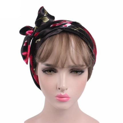 TJM-226 Ladies Satin Print Ribbon Bow Turban Hat Night Cap Silk Chemotherapy Hat Long Tail Braid Hat, Purple, Black, Pink, Royal Blue, Leopard, Big Black Flower, Rose Red Flower, Big Beige Flower, White Black Spots, Red Wine, Khaki, Light Purple       ...
