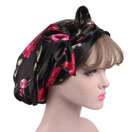 TJM-226 Ladies Satin Print Ribbon Bow Turban Hat Night Cap Silk Chemotherapy Hat Long Tail Braid Hat, Purple, Black, Pink, Royal Blue, Leopard, Big Black Flower, Rose Red Flower, Big Beige Flower, White Black Spots, Red Wine, Khaki, Light Purple       ...