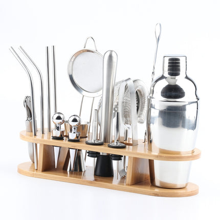 18 in 1 Stainless Steel Cocktail Shaker Set, Oval Bamboo Base, Bar Tool Set, 350ml, 550ml, 750ml