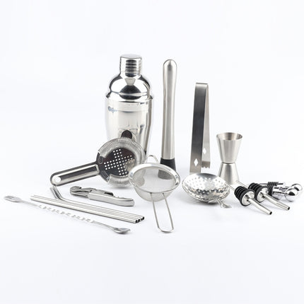 18 in 1 Stainless Steel Cocktail Shaker Set, Oval Bamboo Base, Bar Tool Set, 350ml, 550ml, 750ml