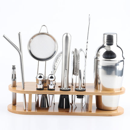 18 in 1 Stainless Steel Cocktail Shaker Set, Oval Bamboo Base, Bar Tool Set, 350ml, 550ml, 750ml