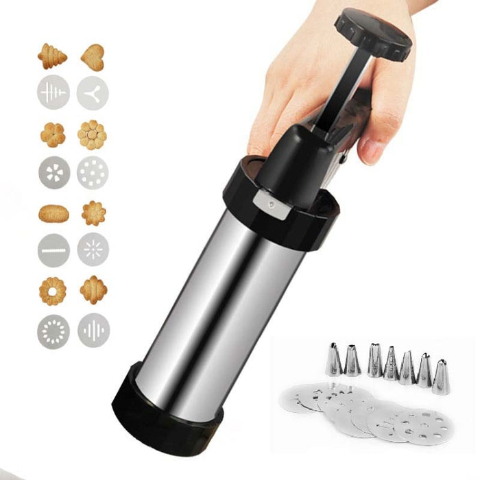 Multi-Function Stainless Steel Piping Gun Set Cookie Biscuits Hand Pressing Biscuit Machine Household DIY Baking Tools, 16 in 1(Silver)