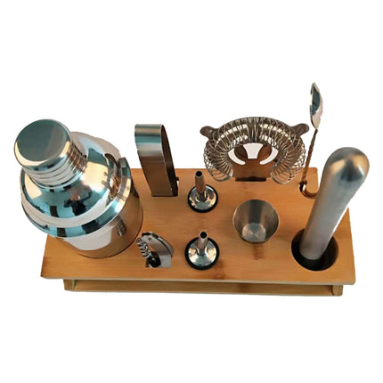10 in 1 Stainless Steel Shaker Bamboo Stand Set Oblique Mouth Bar Cocktail Bartending Tool