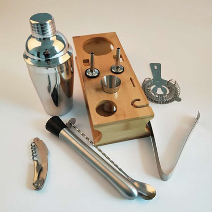 10 in 1 Stainless Steel Shaker Bamboo Stand Set Oblique Mouth Bar Cocktail Bartending Tool