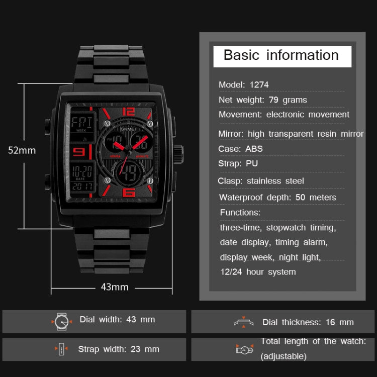 SKMEI 1274  Men Fashion Electronic Watch Multifunctional Outdoor Sports Watch, Red, Blue, Black, Golden