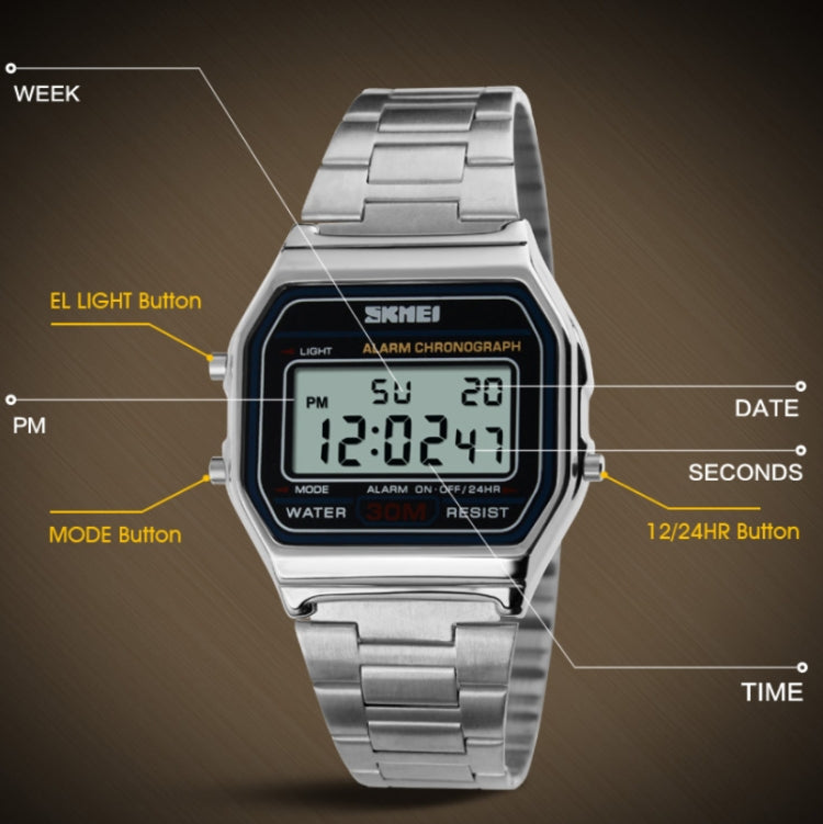 SKMEI 1123 Men Business Lightweight Watch Waterproof Steel Band Electronic Watch, Blue, Rose Gold, Coffee Gold