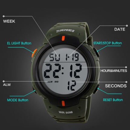 SKMEI 1068 Men Waterproof Outdoor Sports Digital Watch Student Fashion Watch, Red, Green, Blue, Black, Titanium, Golden, ArmyGreen