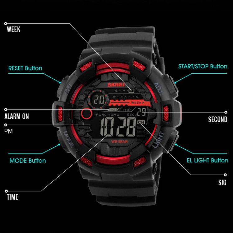 SKMEI 1243 Men Sports Watch Outdoor Waterproof Digital Watch, Red, Black, Golden