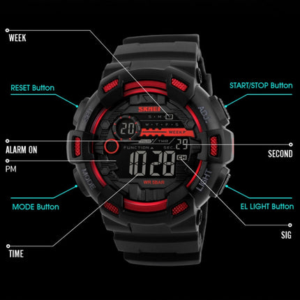 SKMEI 1243 Men Sports Watch Outdoor Waterproof Digital Watch, Red, Black, Golden