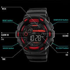 SKMEI 1243 Men Sports Watch Outdoor Waterproof Digital Watch, Red, Black, Golden