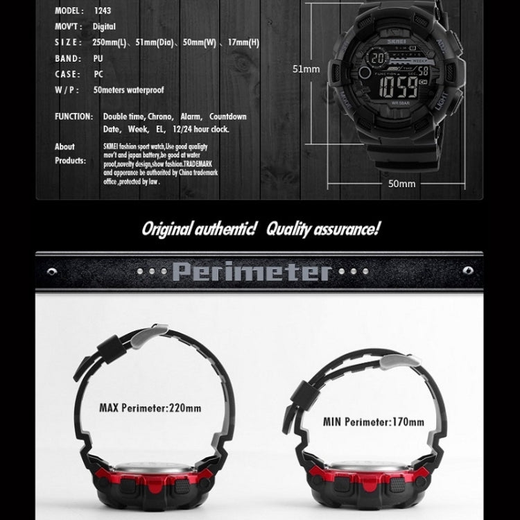 SKMEI 1243 Men Sports Watch Outdoor Waterproof Digital Watch, Red, Black, Golden