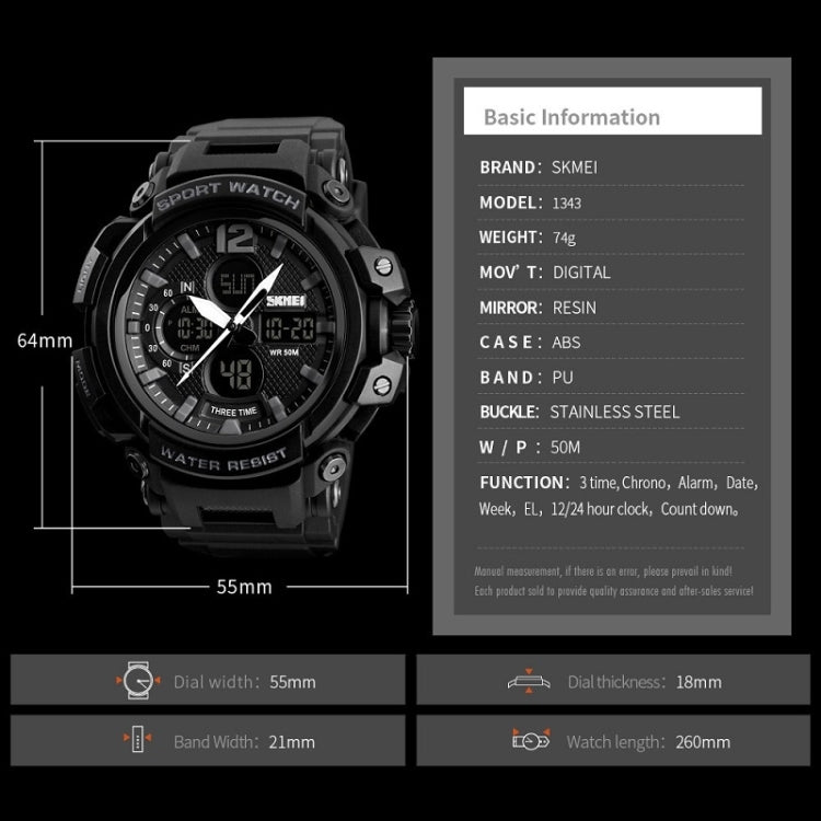 SKMEI 1343 Men Outdoor Sports Waterproof Watch Student Digital Watch, Black, Blue Black, Blue Red, Red Black, ArmyGreen, Khaki