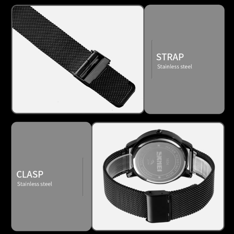 SKMEI 1634 Men Waterproof Watch Fashion Quartz Watch, Black Mesh Belt, White Mesh Belt, Black Steel Belt, White Steel Belt