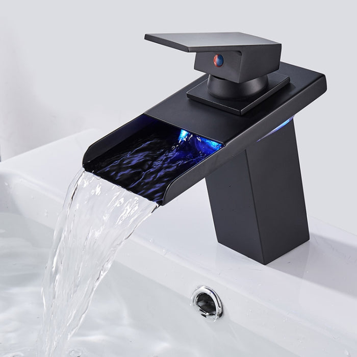 LED Three Lights Hot Cold Water Faucet Bathroom Waterfall Faucet CN Plug, Black, Electroplating Silver