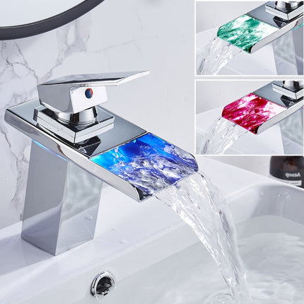 LED Three Lights Hot Cold Water Faucet Bathroom Waterfall Faucet CN Plug, Black, Electroplating Silver