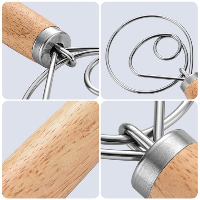 2 PCS 13 Inch Oak Handle Flour Mixer Dough Stainless Steel Mixing Rod Coil Whisk