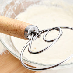 2 PCS 13 Inch Oak Handle Flour Mixer Dough Stainless Steel Mixing Rod Coil Whisk