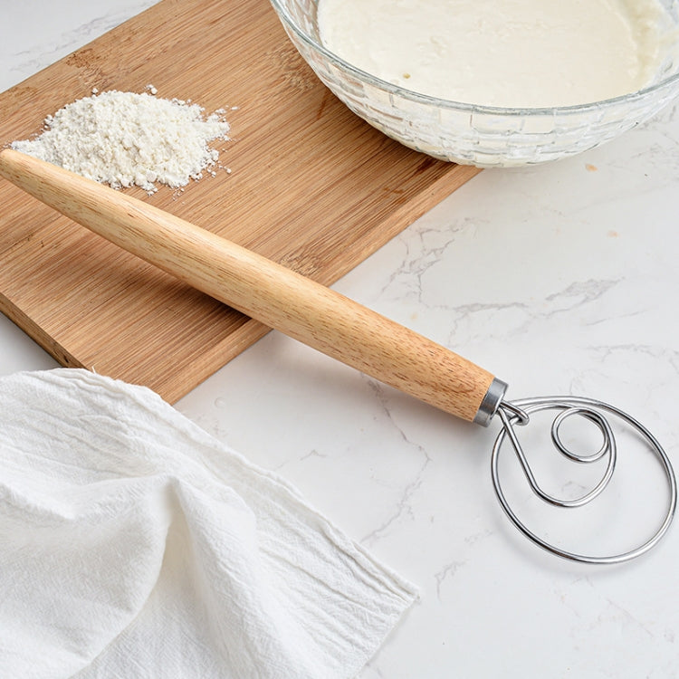 2 PCS 13 Inch Oak Handle Flour Mixer Dough Stainless Steel Mixing Rod Coil Whisk