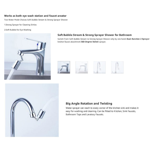 720-Degree Universal Rotating Faucet Anti-Splash Spout Filter Dual-Function Faucet, Three Sections, Two Sections